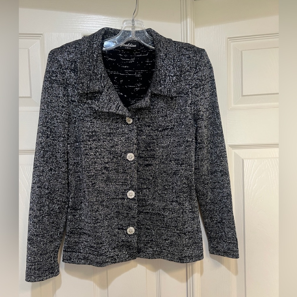 Geraldine USA Wool Santana Knit Black Silver Metallic Blazer Stoned buttons